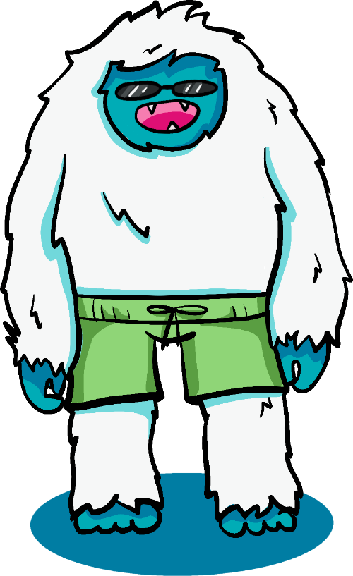 A summer Yeti cutting the grass